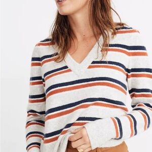 Madewell V-Neck Sweater - Orange, Navy, Cream Stripes